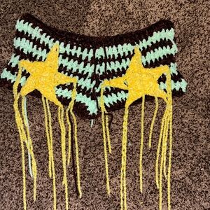 Dolls Kill Mint, Black & Yellow Crochet Fringe Star Shorts